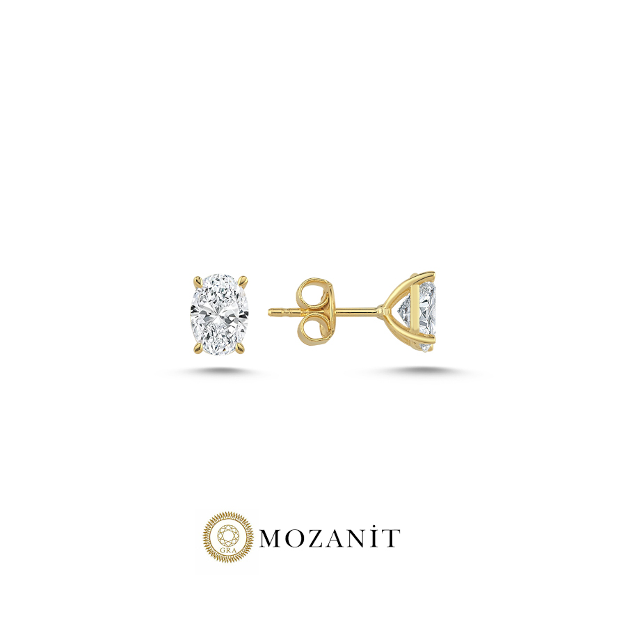 1 Karat Mozanit Oval Tektaş Gold Gümüş Küpe - CNG Jewels