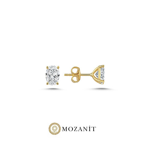 1 Karat Mozanit Oval Tektaş Gold Gümüş Küpe - CNG Jewels