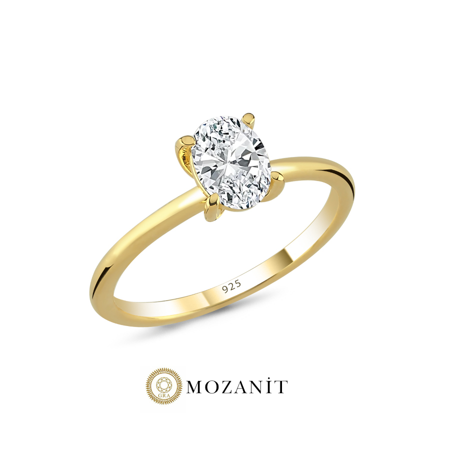 1 Karat Mozanit Oval Tektaş Gold Gümüş Yüzük - CNG Jewels