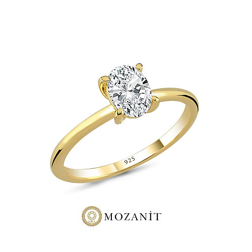 1 Karat Mozanit Oval Tektaş Gold Gümüş Yüzük - CNG Jewels
