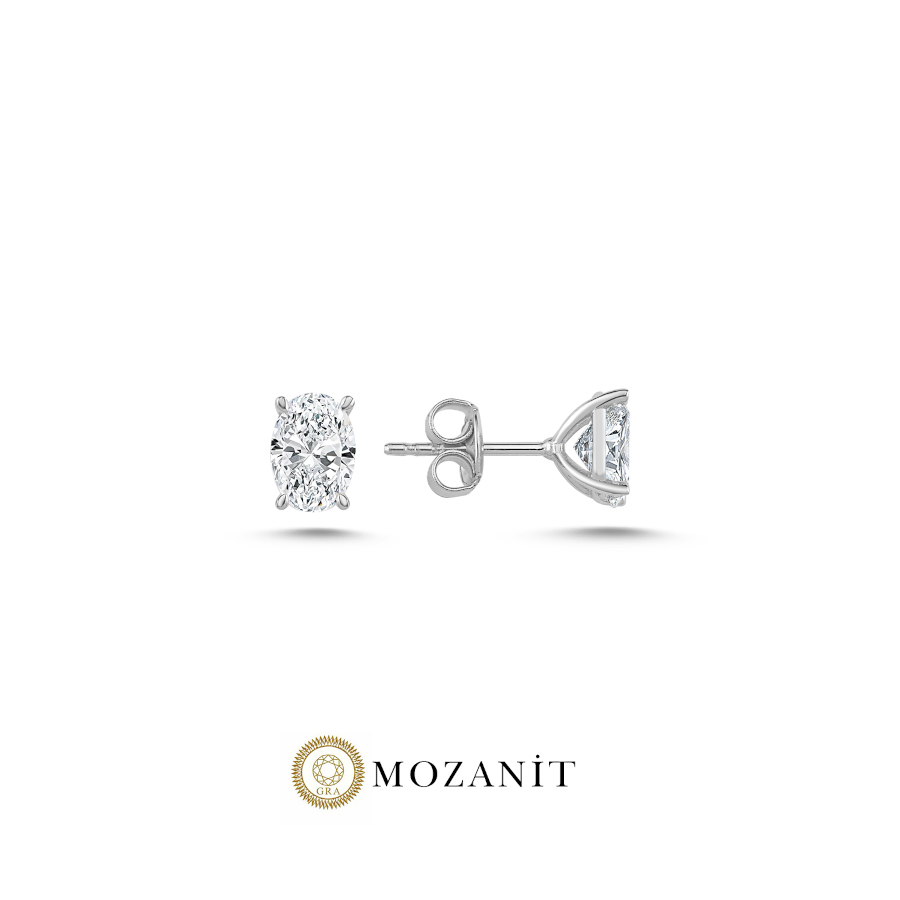 1 Karat Mozanit Oval Tektaş Gümüş Küpe - CNG Jewels