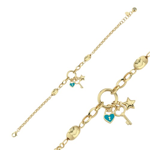 14 Ayar Altın Anahtar Kalp Yıldız Charm Bileklik - 1