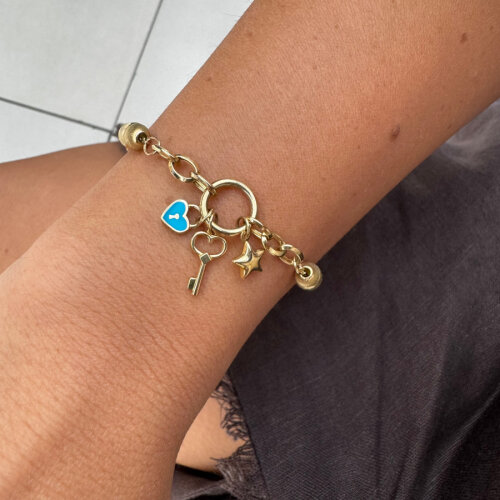 14 Ayar Altın Anahtar Kalp Yıldız Charm Bileklik - 2