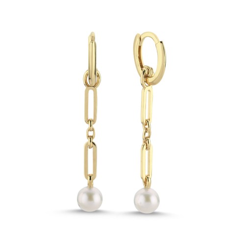 14 Carat Gold Paperclip Chain Pearl Dangle Earrings - CNG Jewels