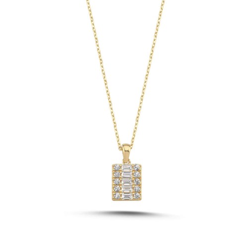 CNG Jewels - 14 Ayar Altın Baget Taşlı Minimal Dikdörtgen Kolye