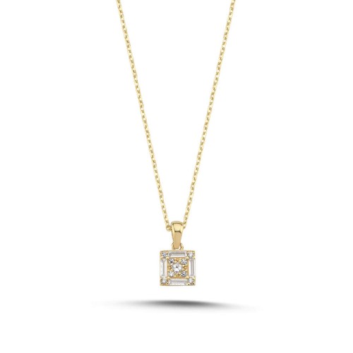 CNG Jewels - 14 Ayar Altın Baget Taşlı Minimal Kare Kolye