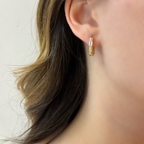 14 Ayar Altın Baget Tektaş Dikdörtgen Halka Küpe - 3