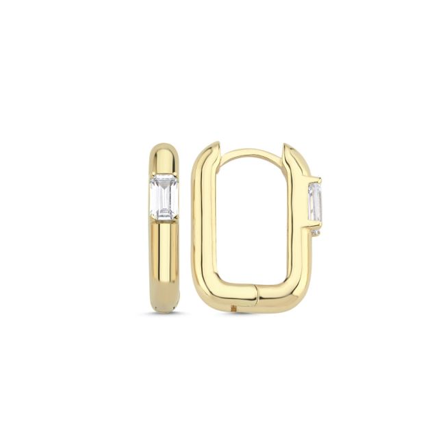 14 Ayar Altın Baget Tektaş Dikdörtgen Halka Küpe - 2