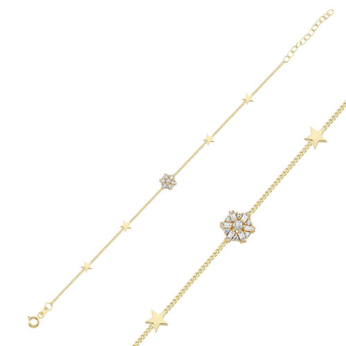 14 Ayar Altın Bagetli Çiçek ve Yıldız Bileklik - CNG Jewels