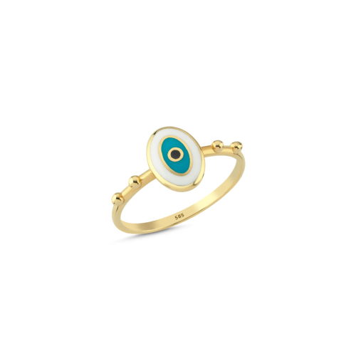 14 Carat Gold White Enamel Evil Eye Bead Ring - CNG Jewels