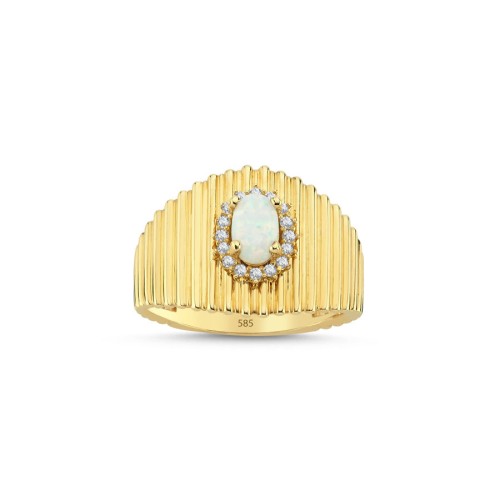 CNG Jewels - 14 Ayar Altın Beyaz Opal Retro Süzme Çizgili Yüzük