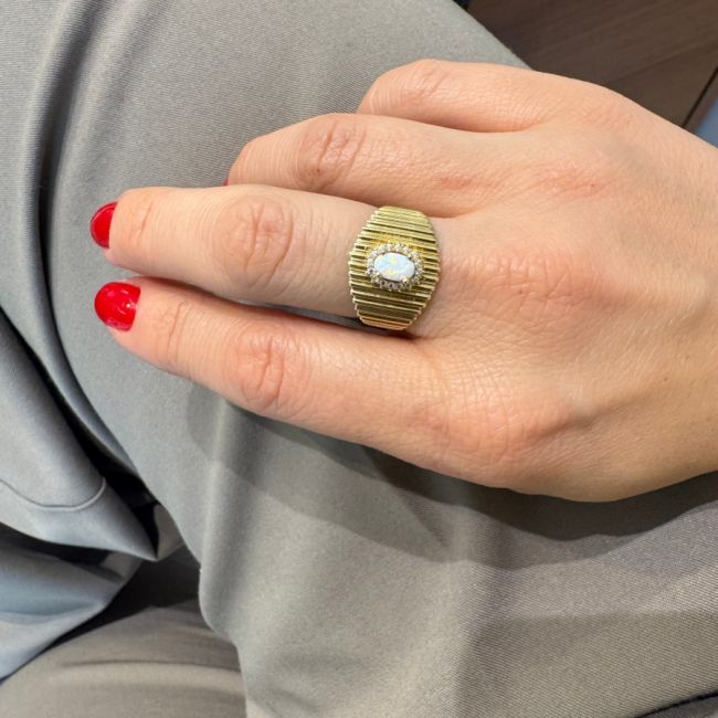 14 Ayar Altın Beyaz Opal Retro Süzme Çizgili Yüzük - 3