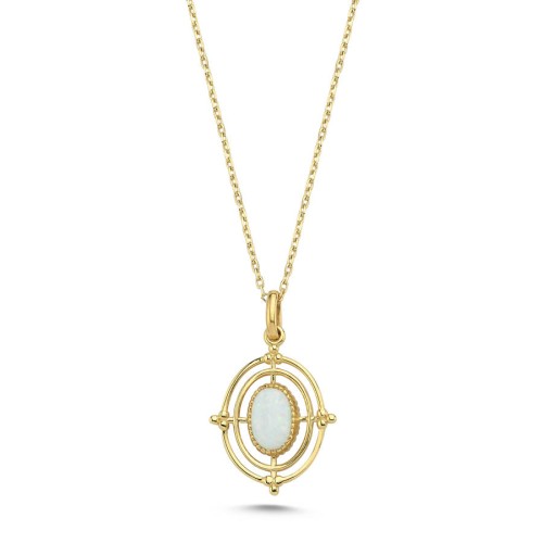 CNG Jewels - 14 Ayar Altın Beyaz Opal Taşlı Oval Vintage Kolye