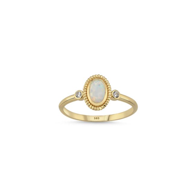14 Ayar Altın Beyaz Opal Taşlı Yüzük - 1