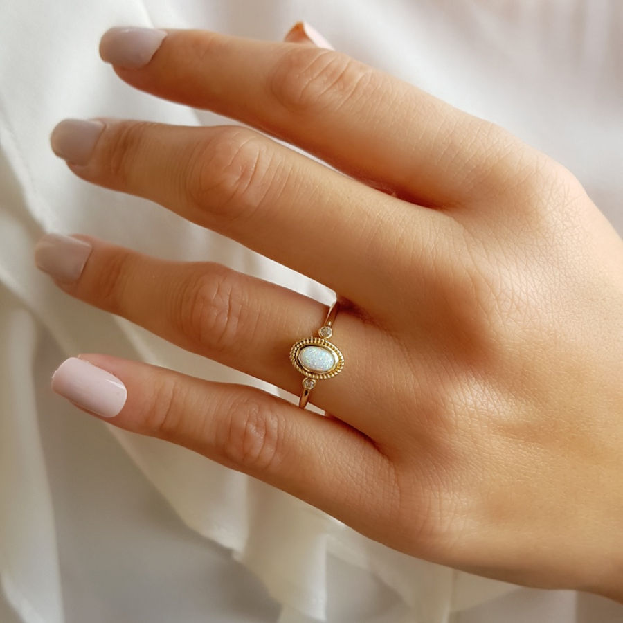 14 Ayar Altın Beyaz Opal Taşlı Yüzük - 2