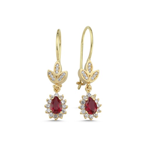 14 Ayar Altın Damla Yakut Anturaj Sallantılı Küpe - 1