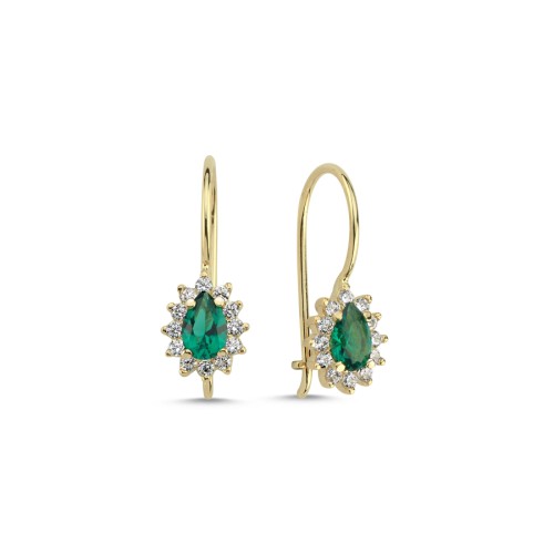 14 Ayar Altın Damla Zümrüt Anturaj Çengelli Küpe - 1