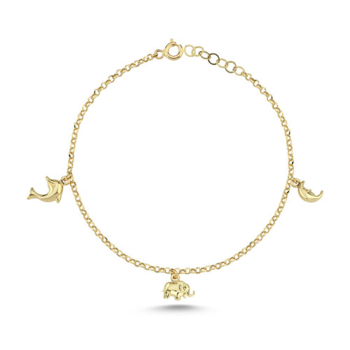 14 Ayar Altın Fil Yunus Ay Charm Bileklik - CNG Jewels