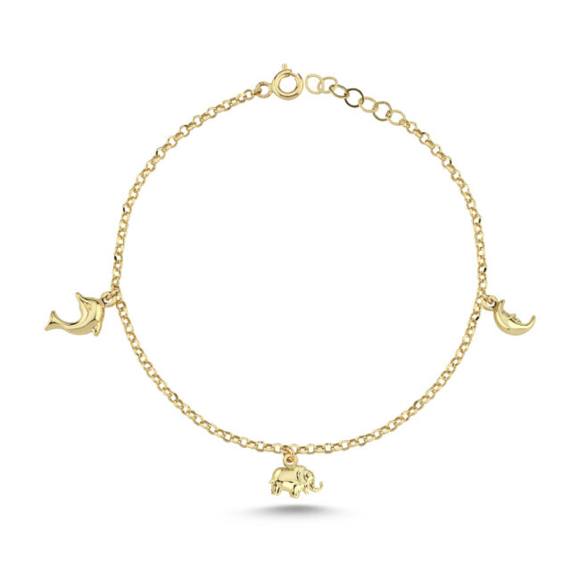 14 Ayar Altın Fil Yunus Ay Charm Bileklik - 1