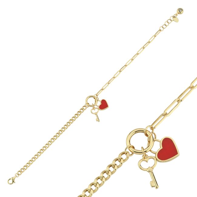 14 Ayar Altın Kalp Anahtar Charm Bileklik - 1