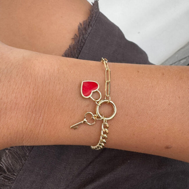 14 Ayar Altın Kalp Anahtar Charm Bileklik - 2