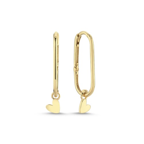 14 Ayar Altın Kalpli Oval Halka Küpe - 1