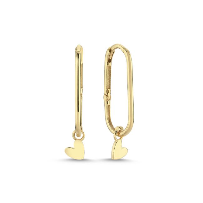 14 Ayar Altın Kalpli Oval Halka Küpe - 1