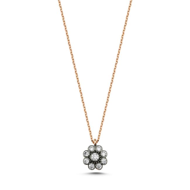 14 Ayar Altın Küçük Gül Elmas Model Kolye - 1