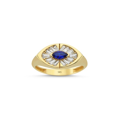 CNG Jewels - 14 Ayar Altın Mavi Markiz Çevre Trapez Trend Yüzük