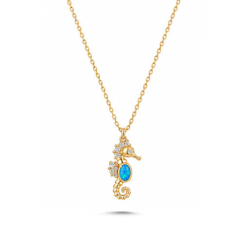 14 Ayar Altın Mavi Opal Taşlı Denizatı Kolye - CNG Jewels