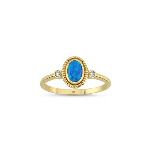 14 Ayar Altın Mavi Opal Taşlı Yüzük - Thumbnail