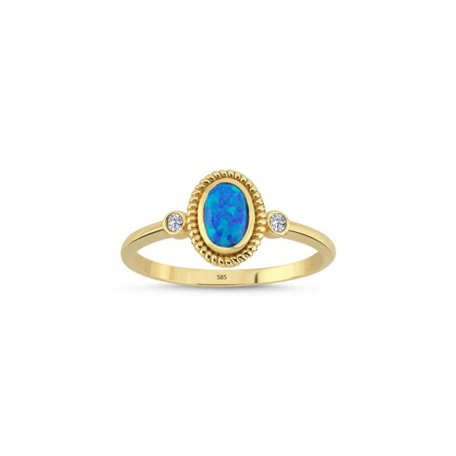 14 Ayar Altın Mavi Opal Taşlı Yüzük