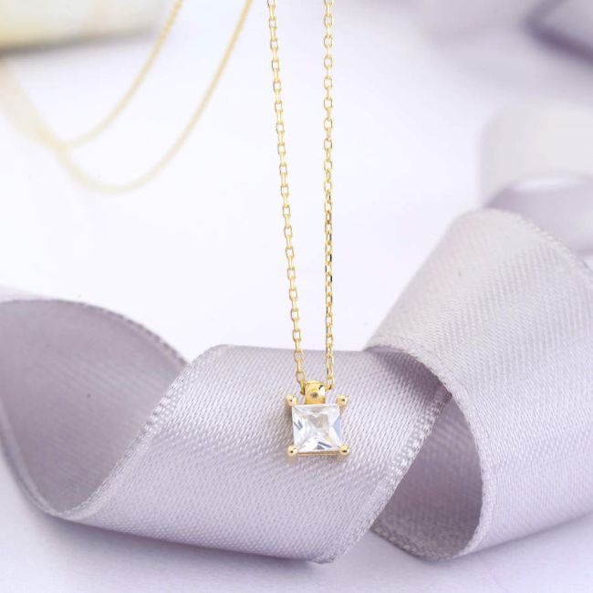 14 Ayar Altın Mini Kare Tektaş Kolye - 2