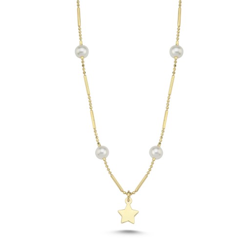 14 Ayar Altın Minimal Yıldız İnci Kolye - 1