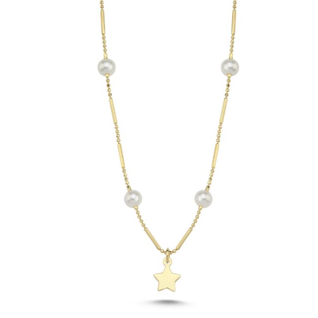14 Ayar Altın Minimal Yıldız İnci Kolye - 1