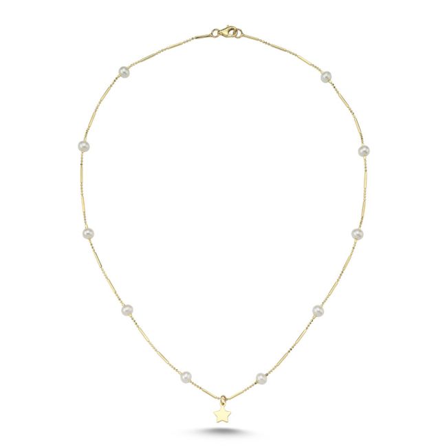 14 Ayar Altın Minimal Yıldız İnci Kolye - 2