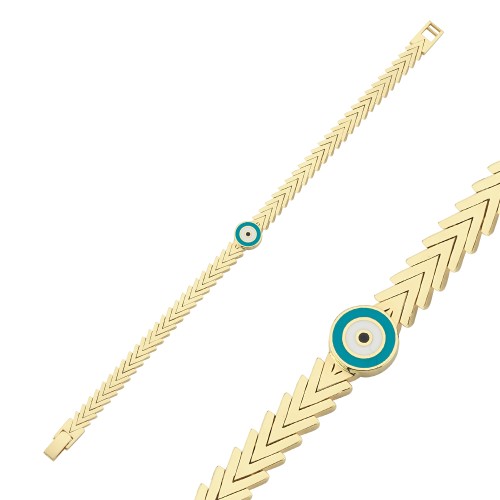 14 Ayar Altın Nazar Boncuğu Yassı V Zincirli Bileklik - CNG Jewels