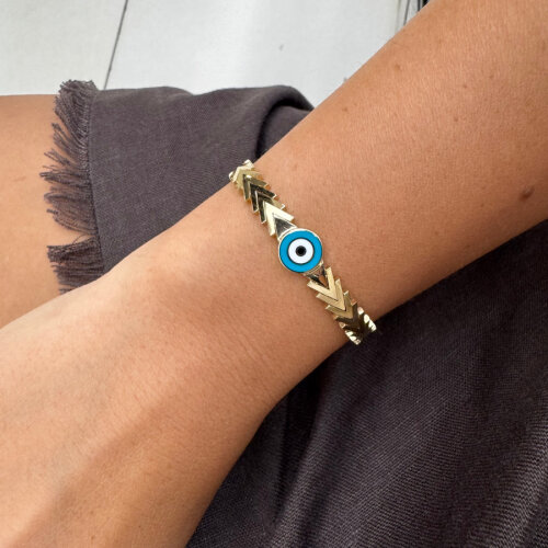 14 Ayar Altın Nazar Boncuğu Yassı V Zincirli Bileklik - CNG Jewels (1)