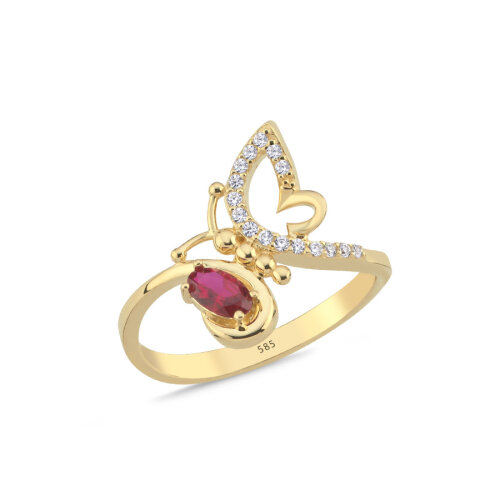 14 Ayar Altın Ruby Kelebek Tasarım Yüzük - CNG Jewels