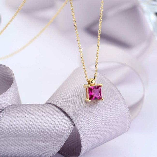 14 Ayar Altın Ruby Mini Kare Tektaş Kolye - 2