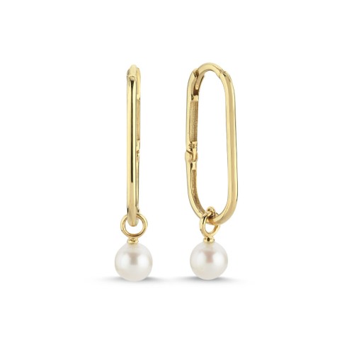 14 Ayar Altın Sallantılı İnci Oval Halka Küpe - 1