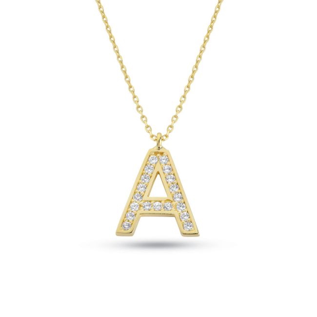 14 Ayar Altın Taşlı A Harfi Kolye - 1