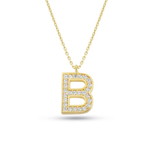 14 Carat Gold Stone Letter B Necklace - 1