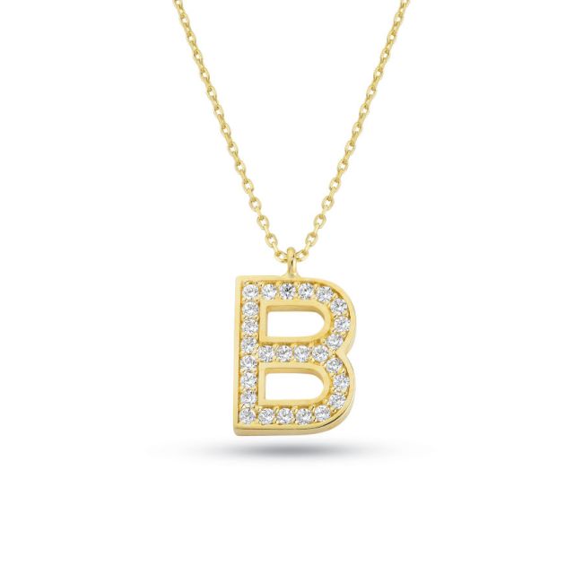 14 Carat Gold Stone Letter B Necklace - 1