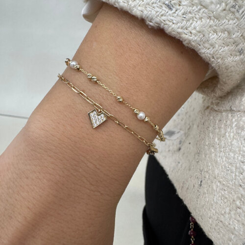 14 Ayar Altın Taşlı Kalp Charm Bileklik - CNG Jewels (1)