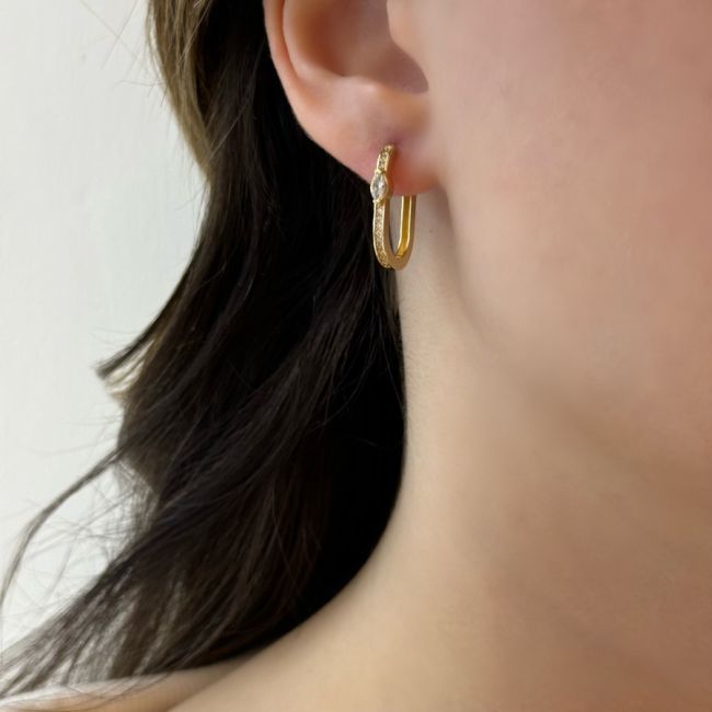 14 Ayar Altın Taşlı Markiz Oval Halka Küpe - 3