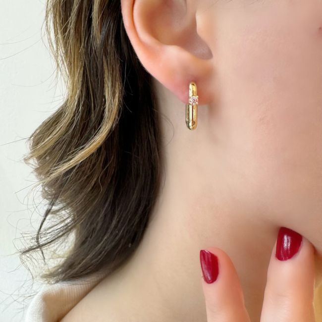 14 Ayar Altın Tektaş Dikdörtgen Halka Küpe - 3