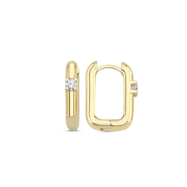 14 Ayar Altın Tektaş Dikdörtgen Halka Küpe - 2