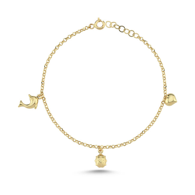 14 Ayar Altın Uğur Böceği Kalp Yunus Charm Bileklik - 1
