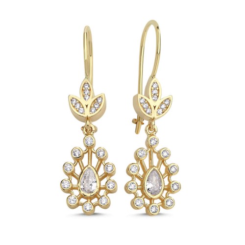 14 Ayar Altın Vintage Damla Taşlı Çengelli Küpe - 1